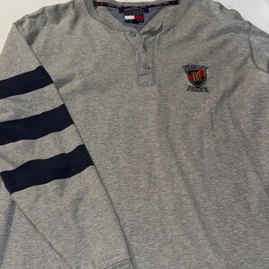2000s Y2K Tommy Hilfiger Gray‎ Long Sleeve Shirt with Navy Stripes